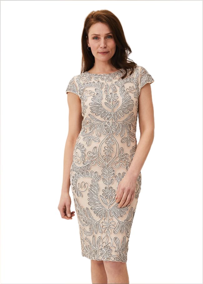  Genevieve Tapework Lace Dress Oyster/Navy 220025083