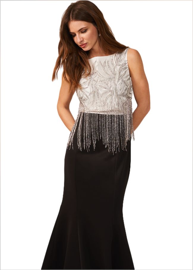  Esme Beaded Fringe Dress Oyster/Black 220034013