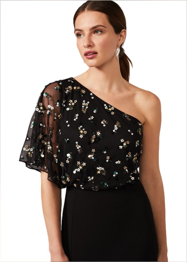  Adele Sequinned One Shoulder Dress Black 220070050