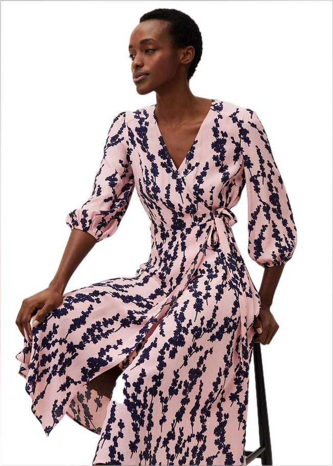  Jean Floral Midi Wrap Dress Pink/Navy 220434527