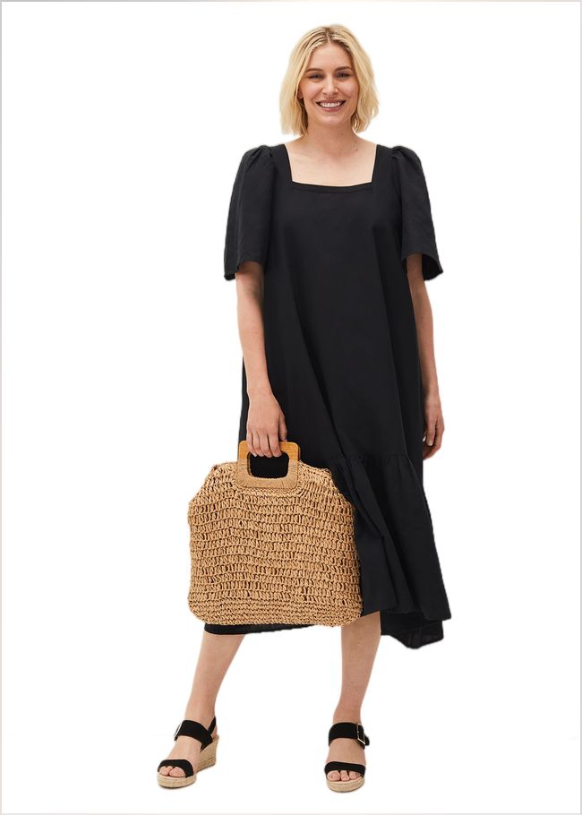  Claria Linen Midi Dress Black 220453050