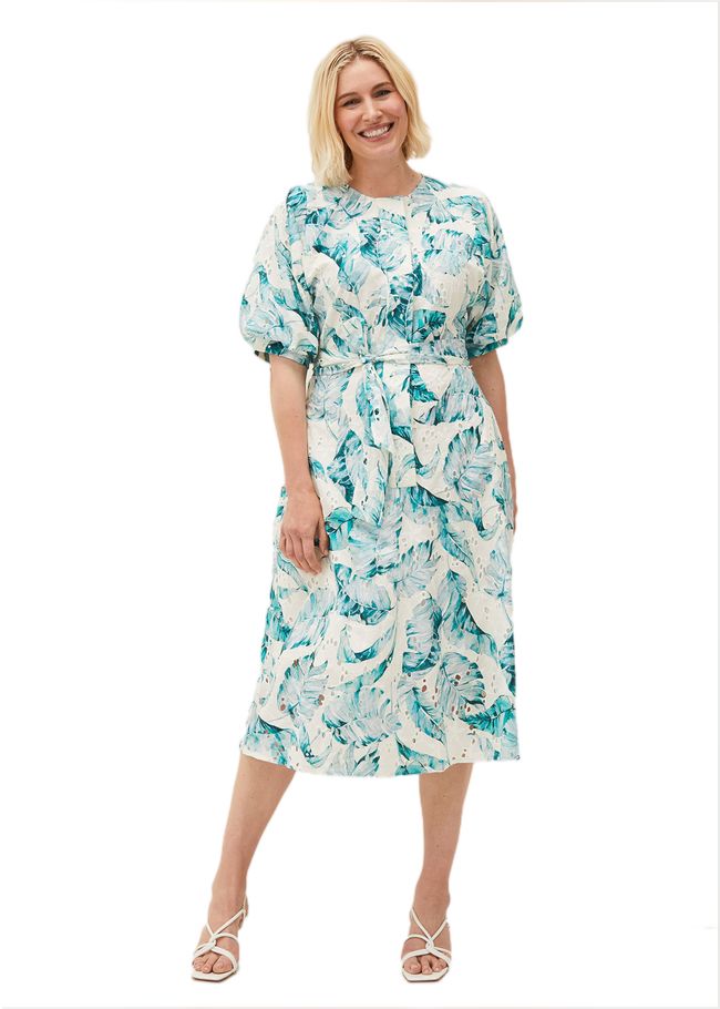  Palms Broderie Anglaise Printed Cotton Dress Aquamarine/Ivory 220519661