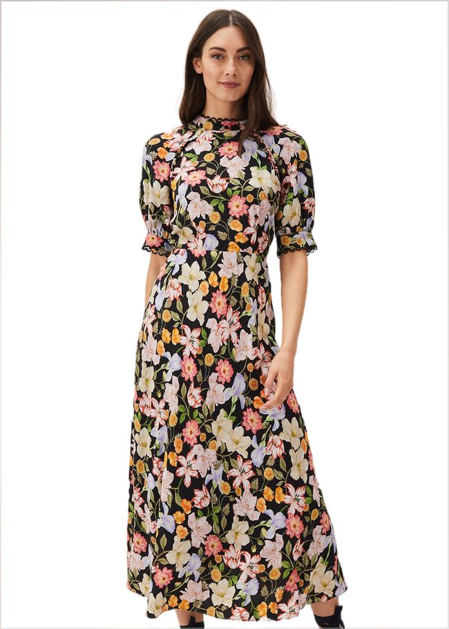  Penelope Floral Puff Sleeve Midi Dress Black/Multi 220563492