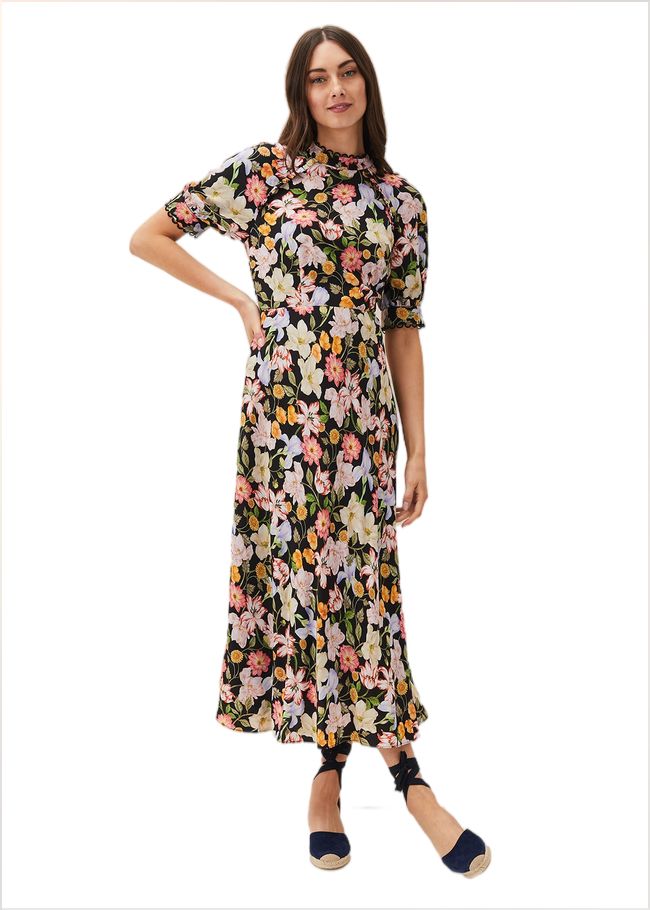  Penelope Floral Puff Sleeve Midi Dress Black/Multi 220563492