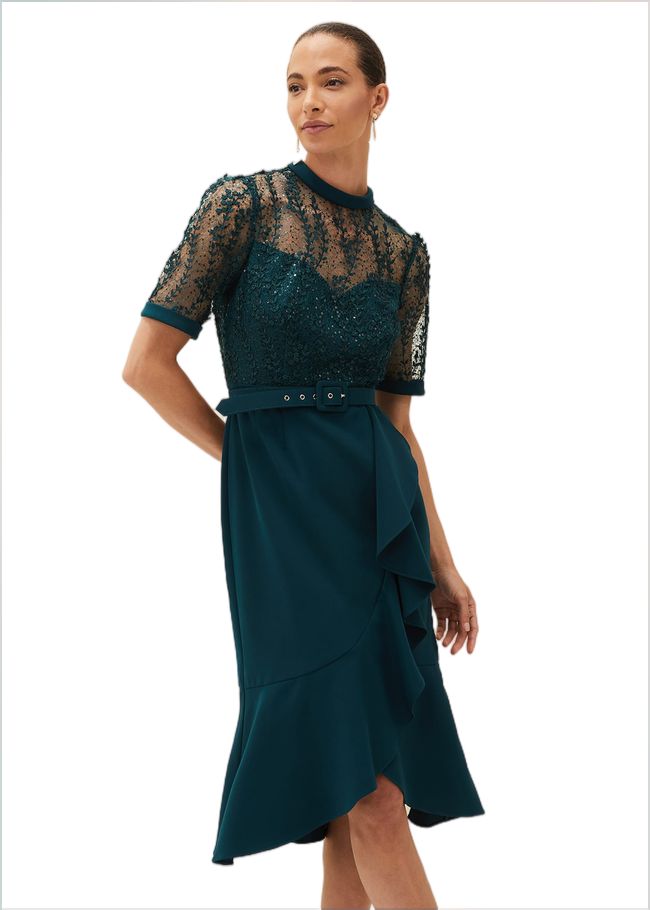  Alesia Lace Bodice Belted Dress Dark Teal 220588249