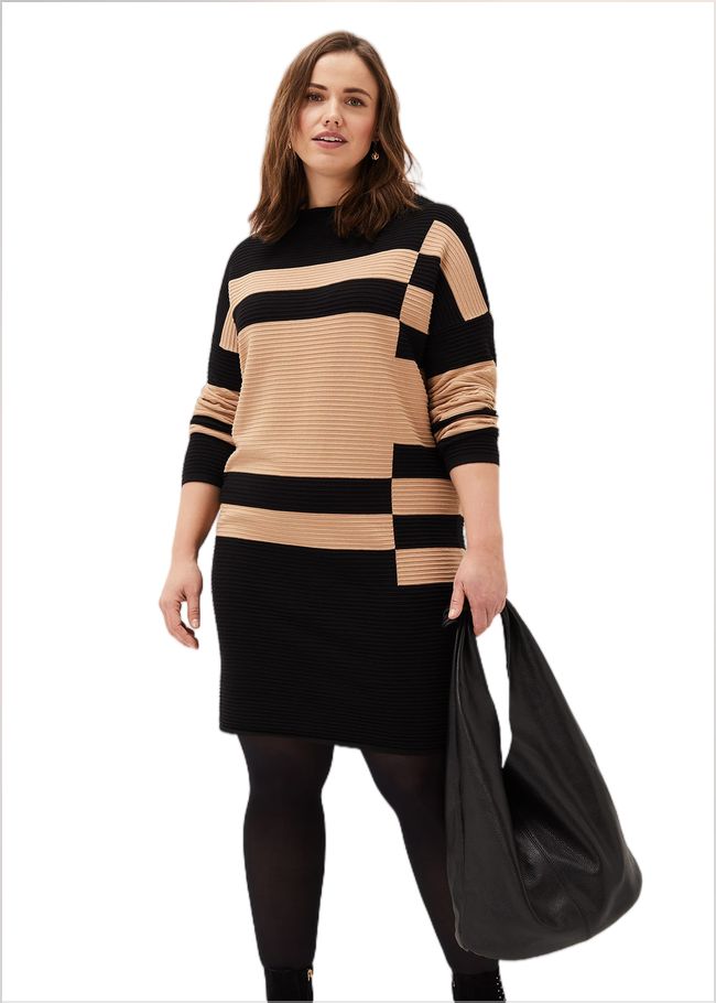  Azera Colourblock Textured Knit Dress Camel/Black 220637564