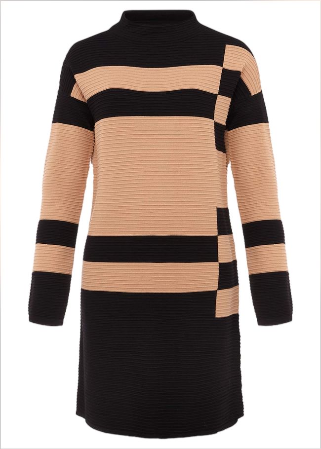  Azera Colourblock Textured Knit Dress Camel/Black 220637564