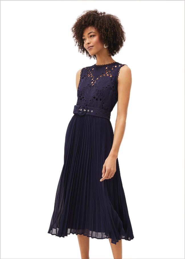  Amora Lace Bodice Pleated Dress Navy 220696351