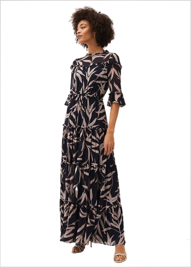  Amber Leaf Print Tiered Maxi Dress Navy/Taupe 220707197