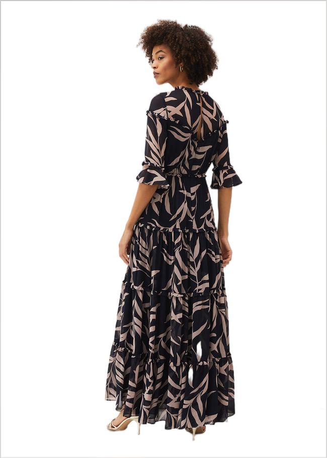  Amber Leaf Print Tiered Maxi Dress Navy/Taupe 220707197