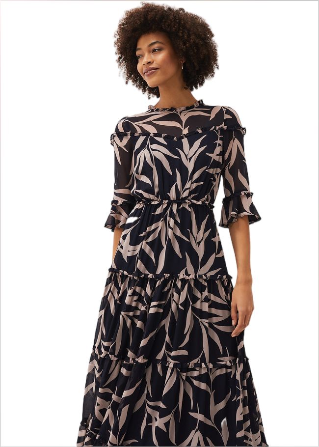  Amber Leaf Print Tiered Maxi Dress Navy/Taupe 220707197