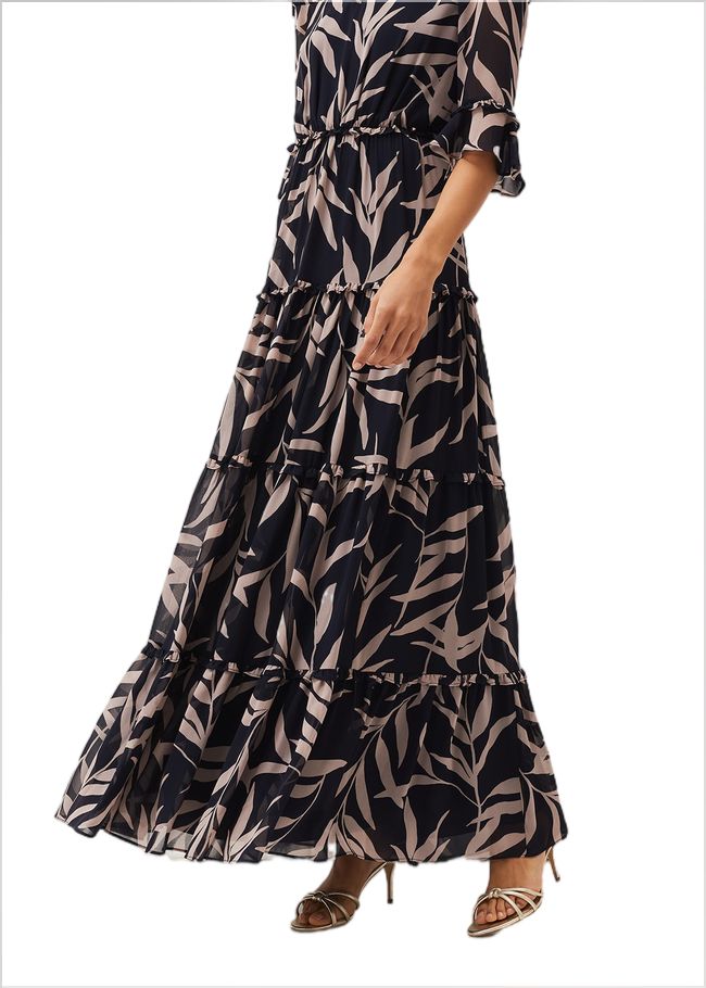  Amber Leaf Print Tiered Maxi Dress Navy/Taupe 220707197