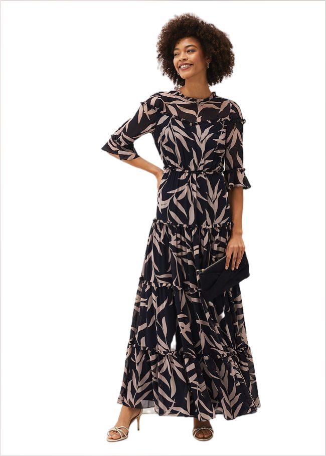  Amber Leaf Print Tiered Maxi Dress Navy/Taupe 220707197