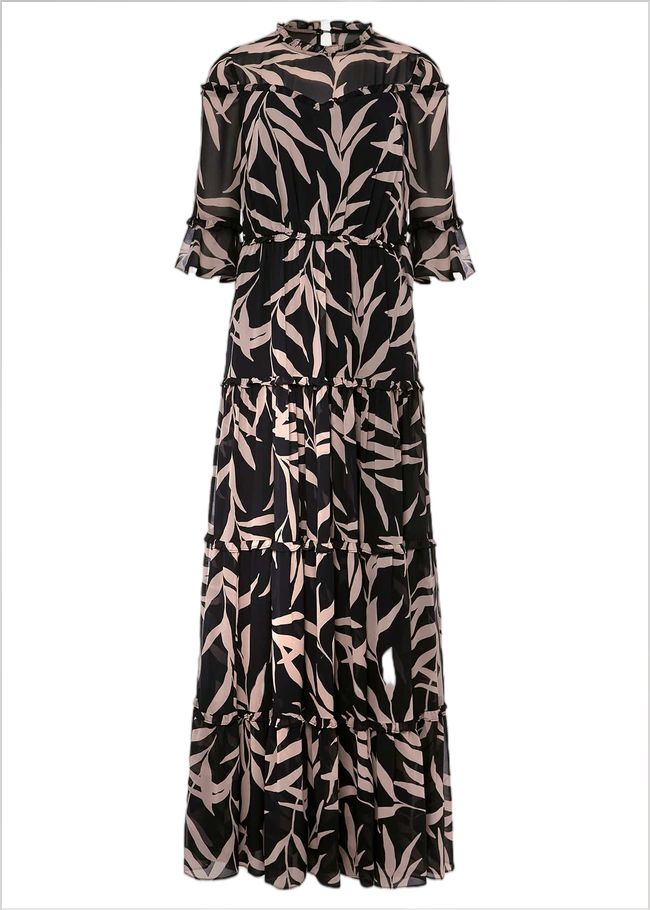  Amber Leaf Print Tiered Maxi Dress Navy/Taupe 220707197