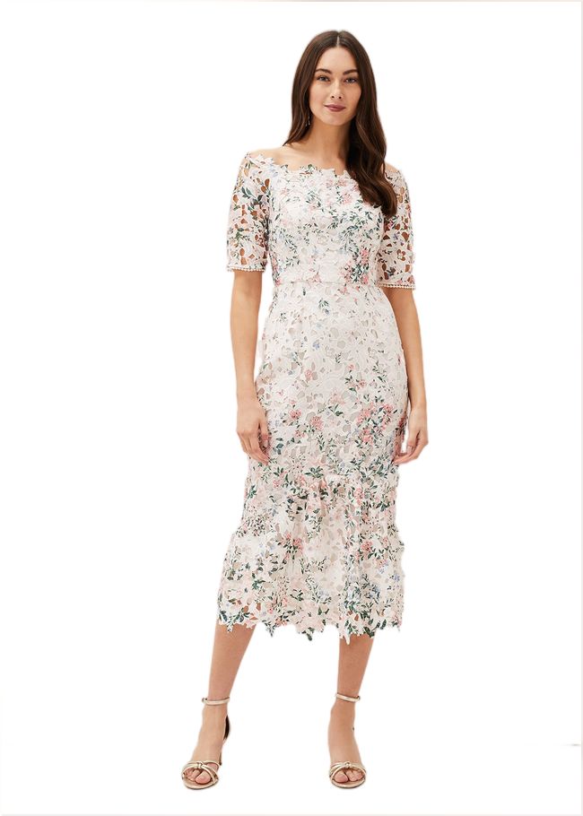  Franky Lace Bardot Midi Dress Ivory/Multi 220717931