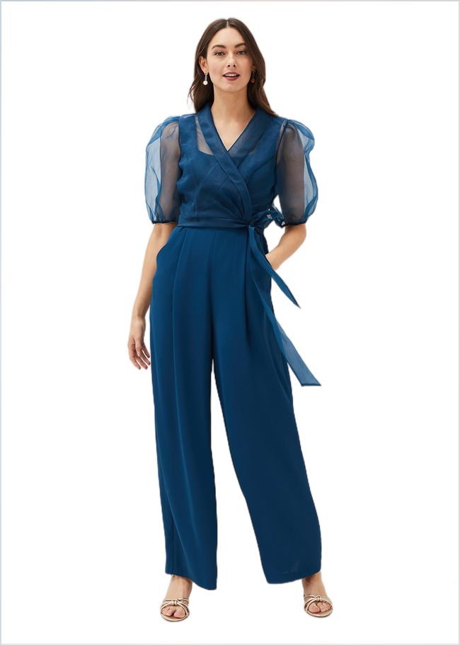  Brontie Puff Sleeve Wide Leg Jumpsuit Teal 220753402