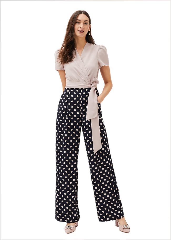  Eloise Spot Print Wide Leg Jumpsuit Navy/Taupe 220770197