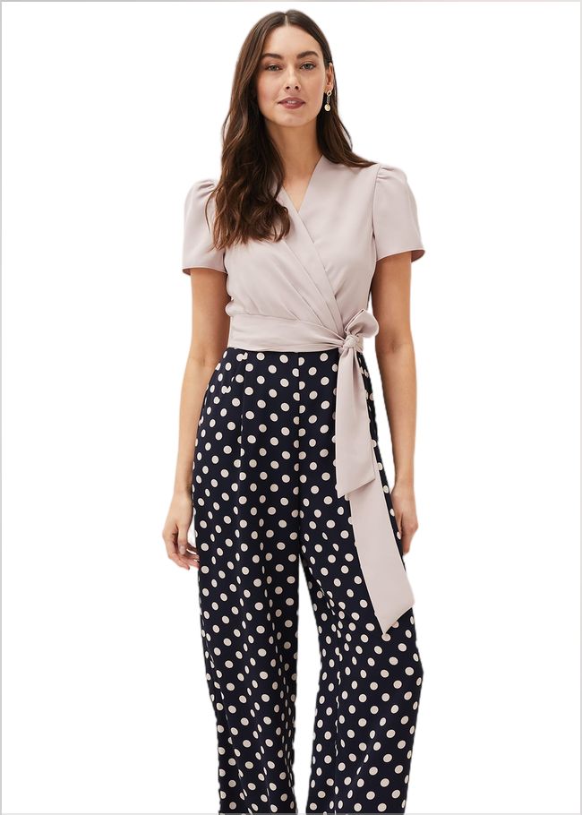  Eloise Spot Print Wide Leg Jumpsuit Navy/Taupe 220770197