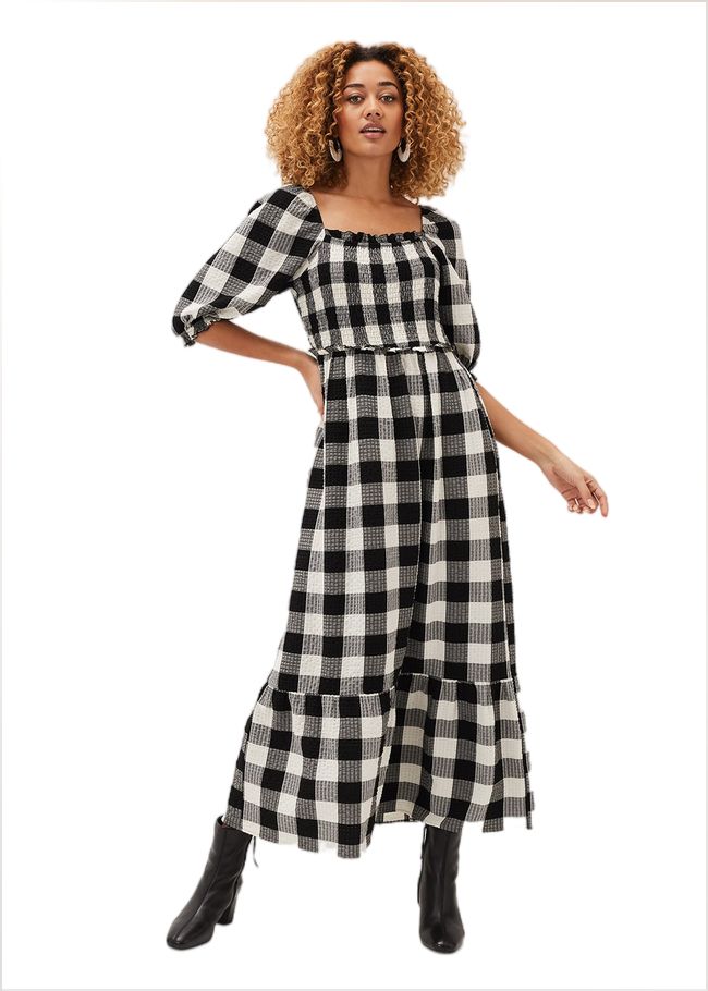  Evlin Gingham Square Neck Dress Navy/Ivory 220772287