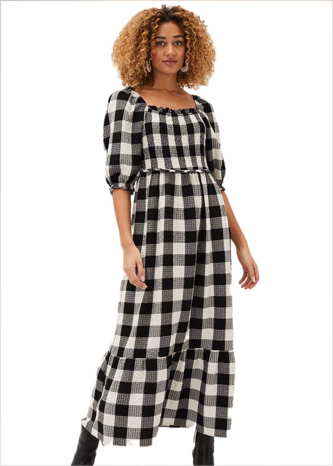  Evlin Gingham Square Neck Dress Navy/Ivory 220772287