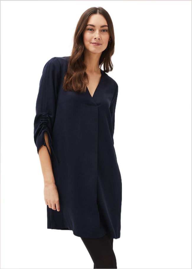  Cieara Tie Detail Sleeve Tunic Dress Navy 220778351