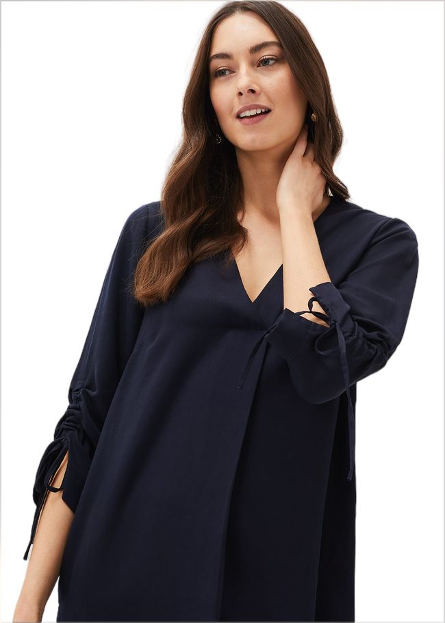  Cieara Tie Detail Sleeve Tunic Dress Navy 220778351