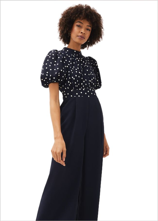  Paulina Puff Sleeve Spot Jumpsuit Navy/Ivory 220794287