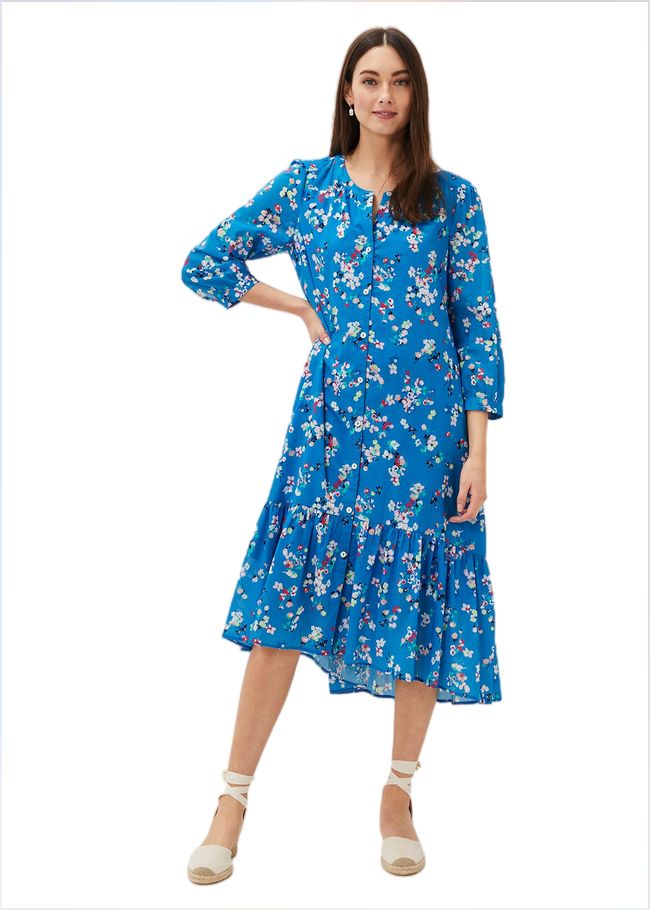  Cotton Floral Tiered Dress Bright Blue 220815378