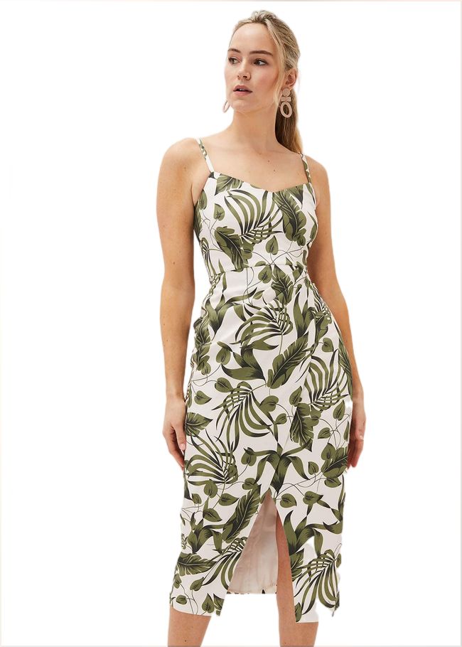  Yolanta Cotton Palm Print Midi Dress Ivory/Multi 220857931