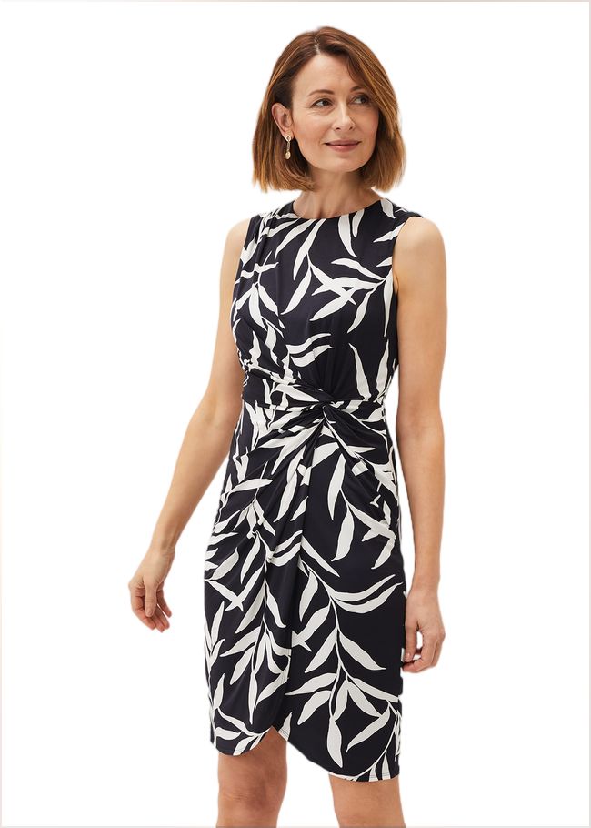  Amber Leaf Print Fitted Jersey Dress Navy/Ivory 220871287