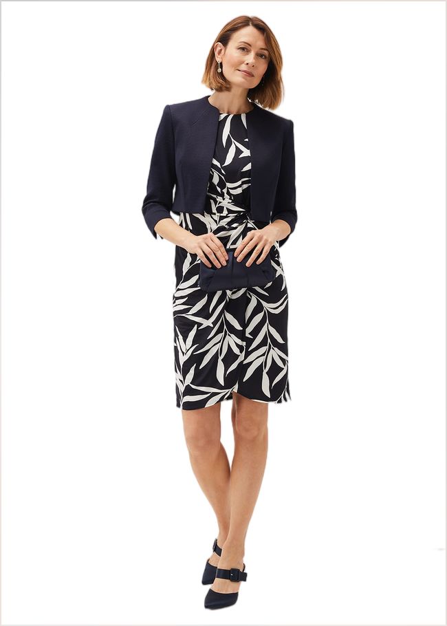  Amber Leaf Print Fitted Jersey Dress Navy/Ivory 220871287