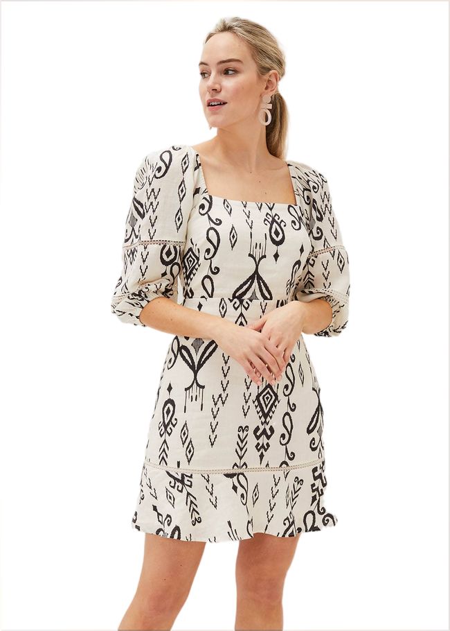  Linen Ikat Print A-Line Dress Ivory/Black 220913867