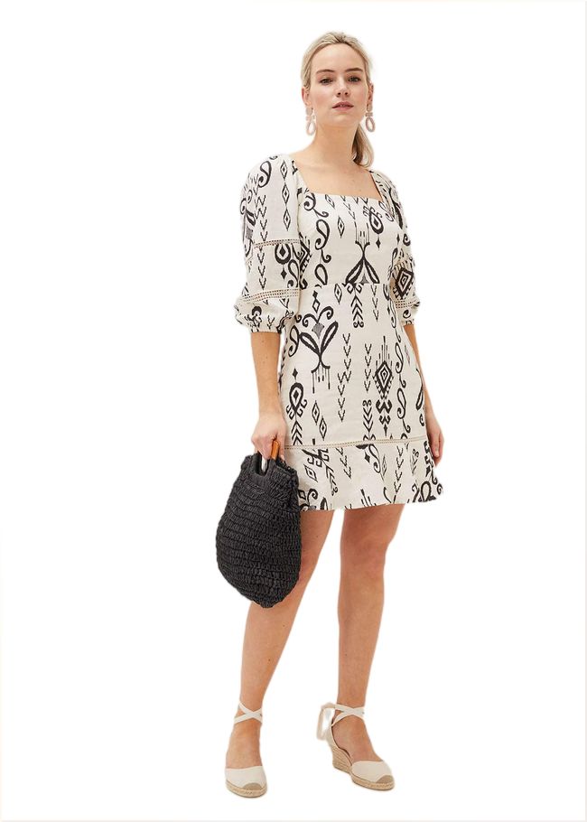  Linen Ikat Print A-Line Dress Ivory/Black 220913867