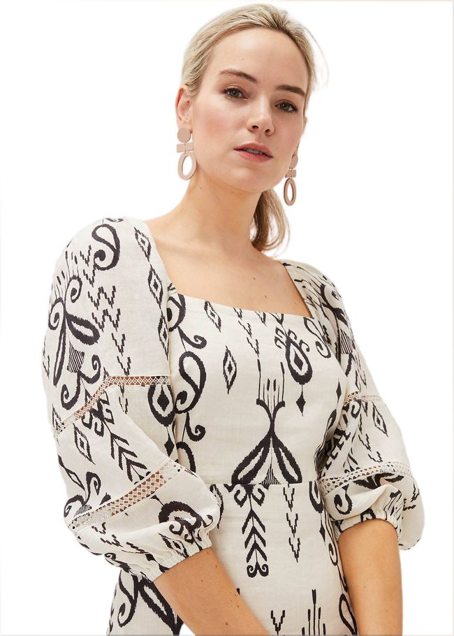  Linen Ikat Print A-Line Dress Ivory/Black 220913867