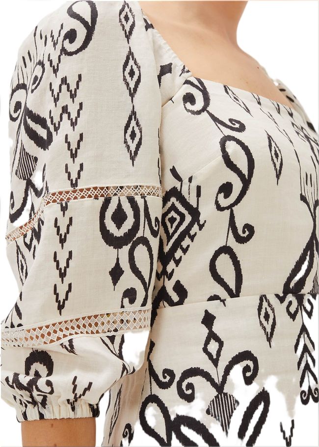  Linen Ikat Print A-Line Dress Ivory/Black 220913867