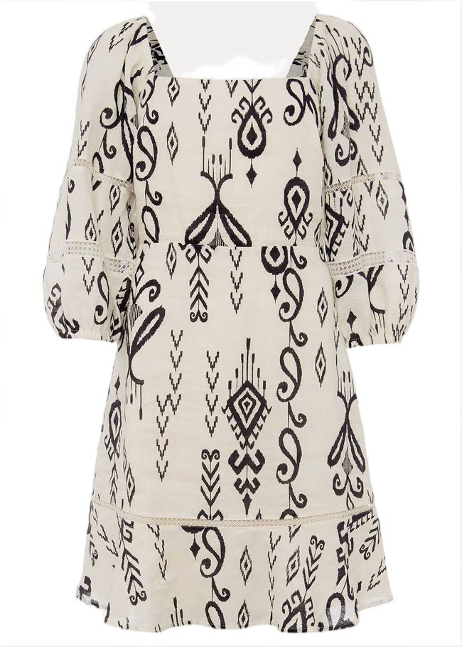  Linen Ikat Print A-Line Dress Ivory/Black 220913867