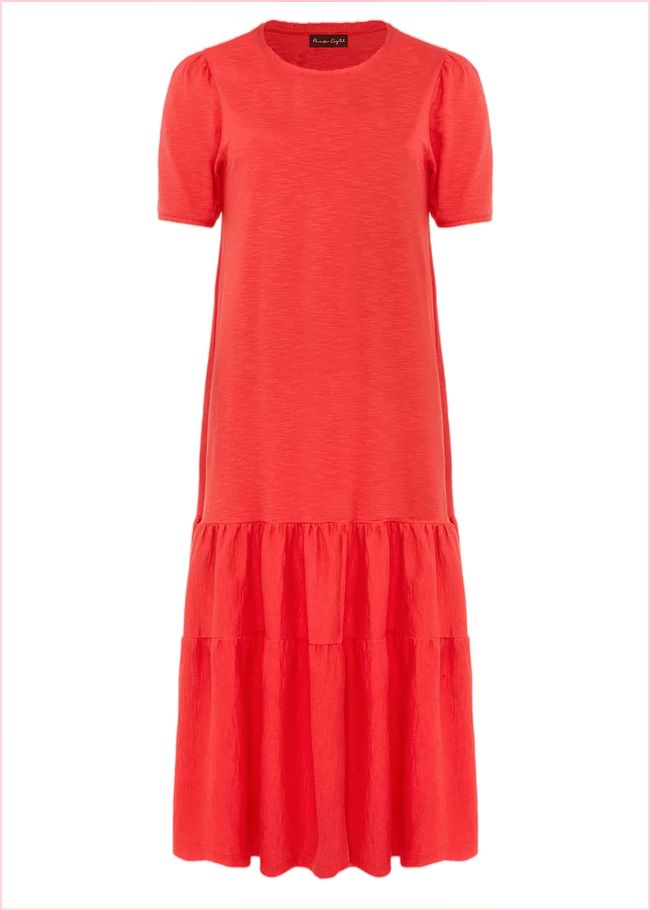  Elizebeth Cotton Tiered Midi Dress Chilli Red 220939656