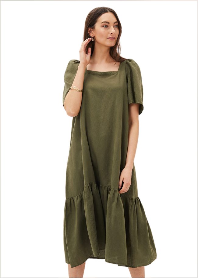  Claria Linen Midi Dress Khaki 220957507