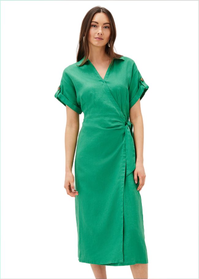  Yasse Linen Wrap Midi Dress Green 220971693