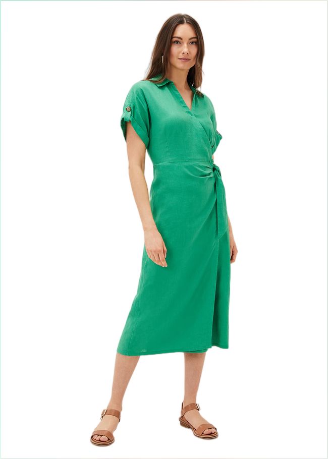  Yasse Linen Wrap Midi Dress Green 220971693