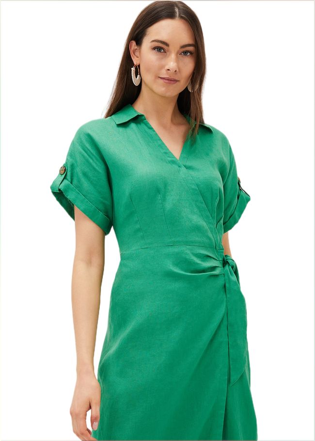  Yasse Linen Wrap Midi Dress Green 220971693