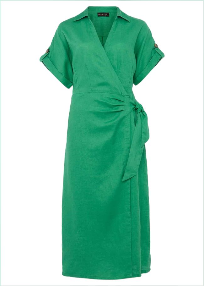  Yasse Linen Wrap Midi Dress Green 220971693