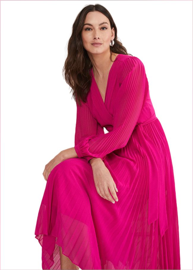  Petra Wrap Pleated Midi Dress Magenta Pink 221003389