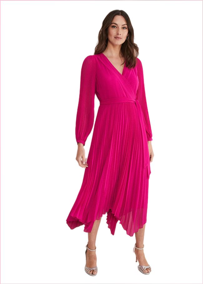  Petra Wrap Pleated Midi Dress Magenta Pink 221003389