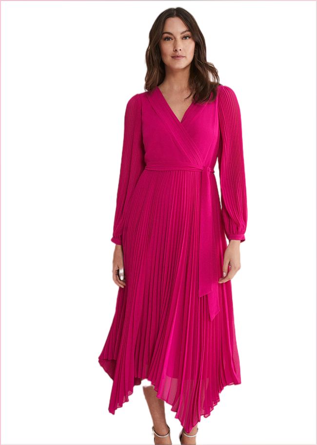  Petra Wrap Pleated Midi Dress Magenta Pink 221003389