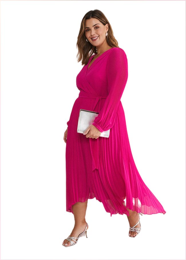  Petra Wrap Pleated Midi Dress Magenta Pink 221003389