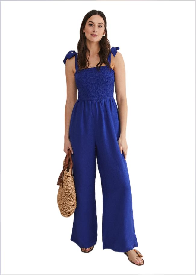  Ona Linen Shirred Wide Leg Jumpsuit Cobalt 221006751