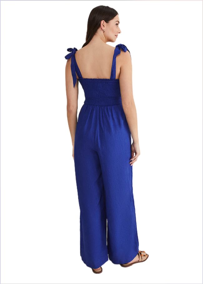  Ona Linen Shirred Wide Leg Jumpsuit Cobalt 221006751