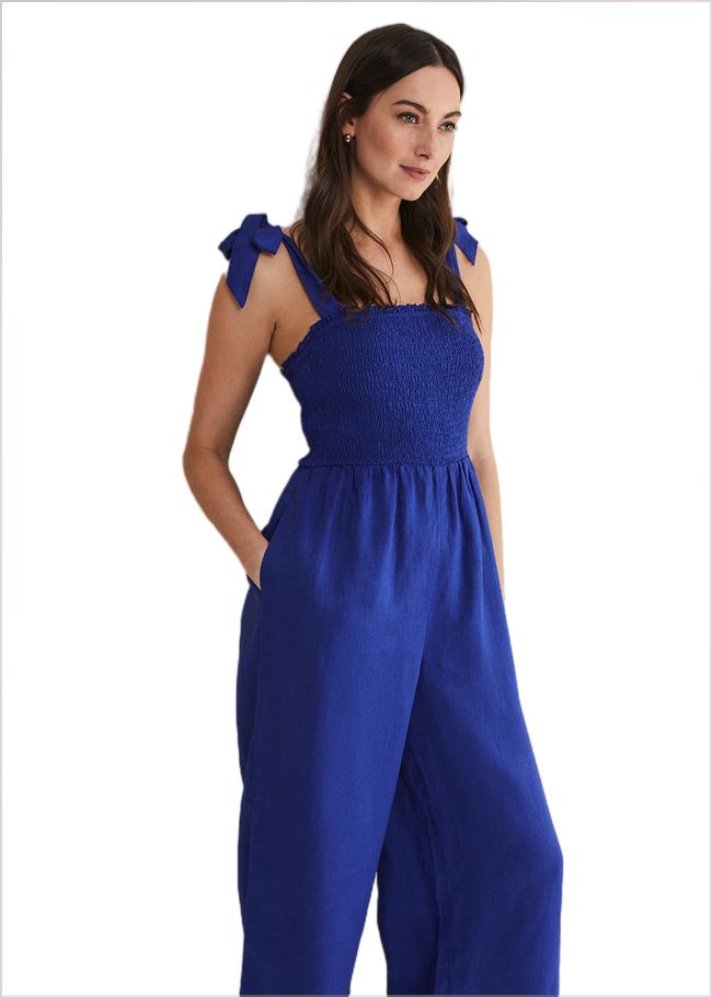  Ona Linen Shirred Wide Leg Jumpsuit Cobalt 221006751