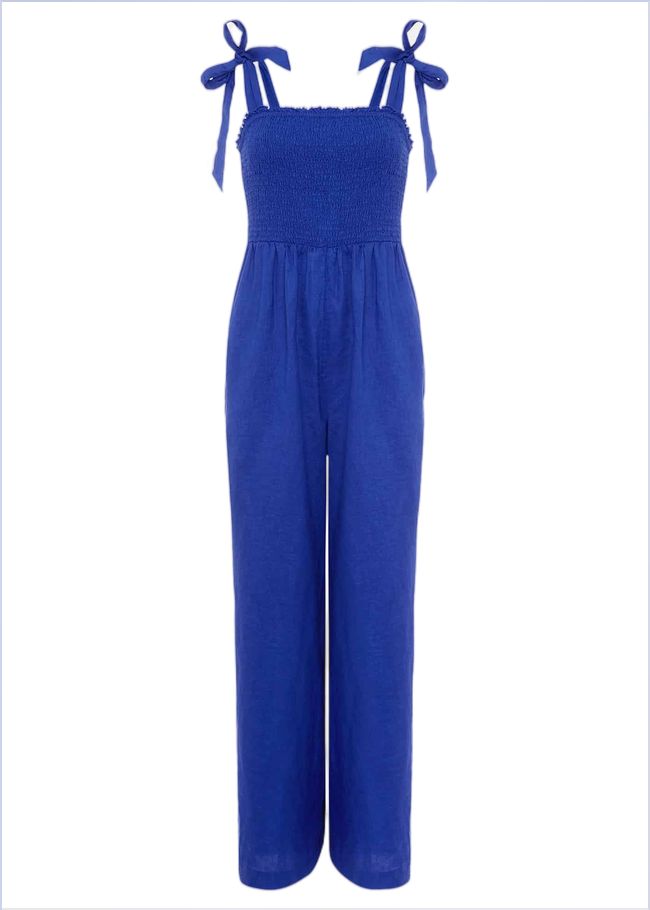  Ona Linen Shirred Wide Leg Jumpsuit Cobalt 221006751